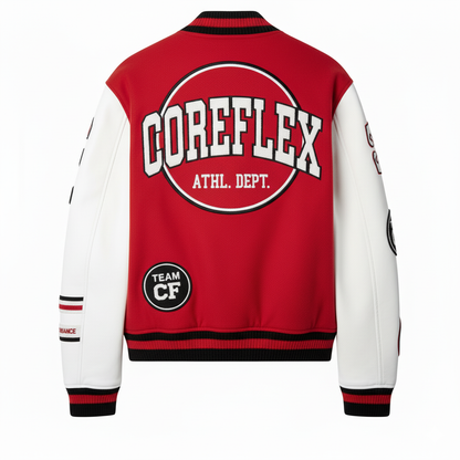 Red and white varsity jacket with 'COREFLEX' branding on a white background