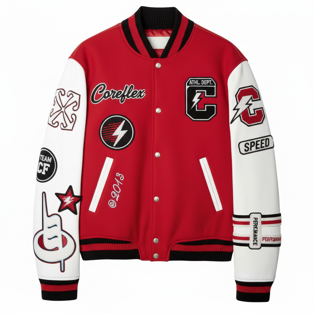 Red varsity jacket with white sleeves featuring various logos and designs on a white background