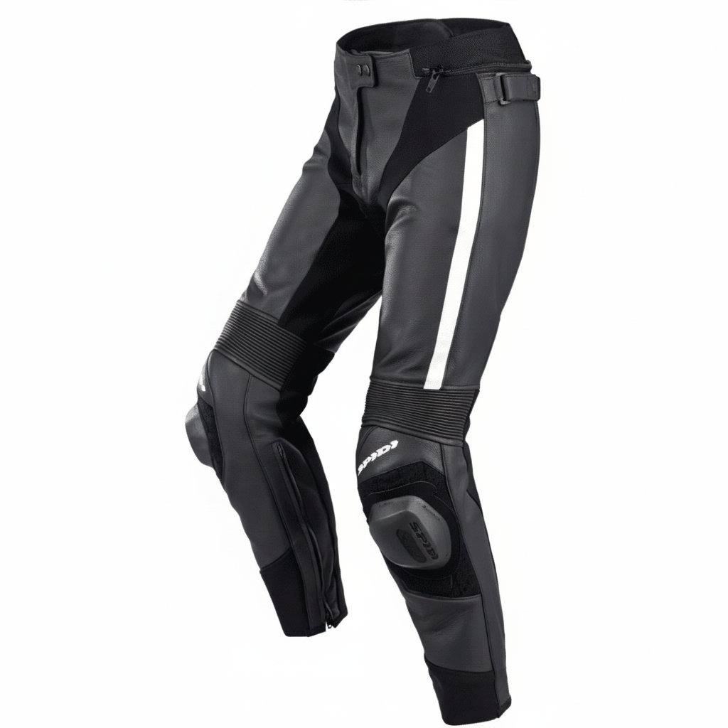 Black and gray motorcycle pants with knee pads on a white background