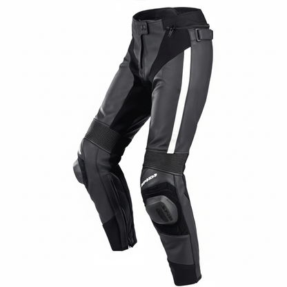 Black and gray motorcycle pants with knee pads on a white background