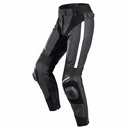 Black and gray motorcycle pants with knee pads on a white background