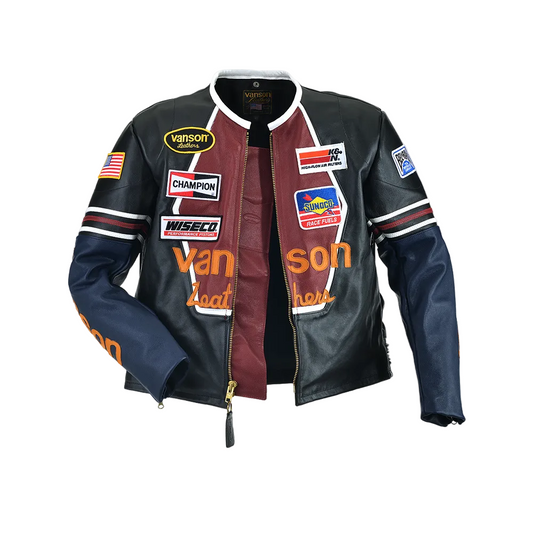 Black leather jacket with various brand logos on a white background