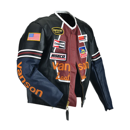Vest with various patches and a flag on a plain background