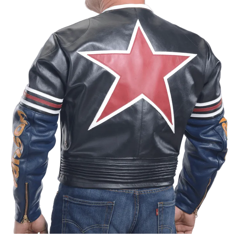 Man wearing a black leather jacket with a red star on the back, on a white background