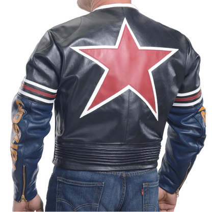 Man wearing a black leather jacket with a red star on the back, on a white background