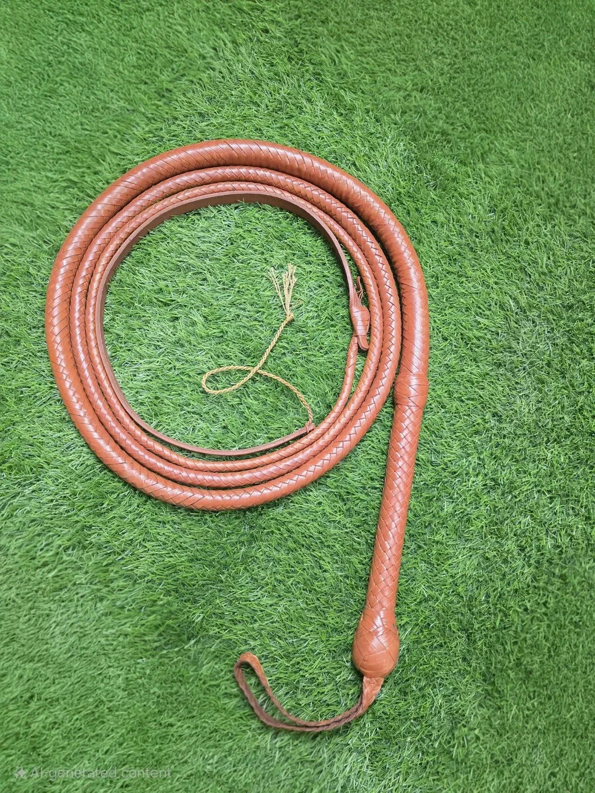 Brown leather whip on a green grass background
