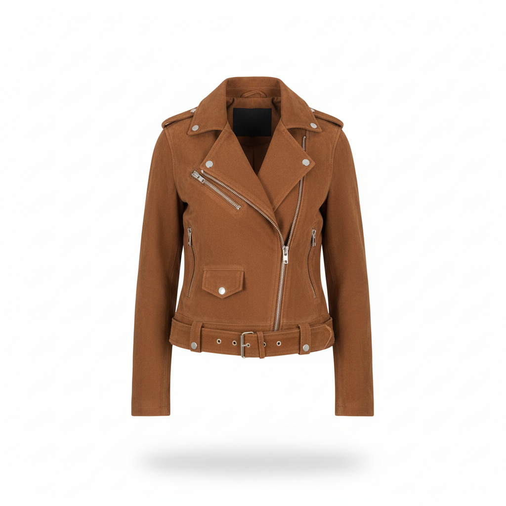 Brown leather jacket with zippers on a white background