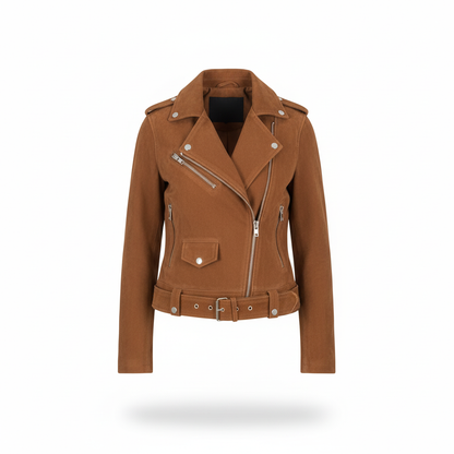 Brown leather jacket with zippers on a white background