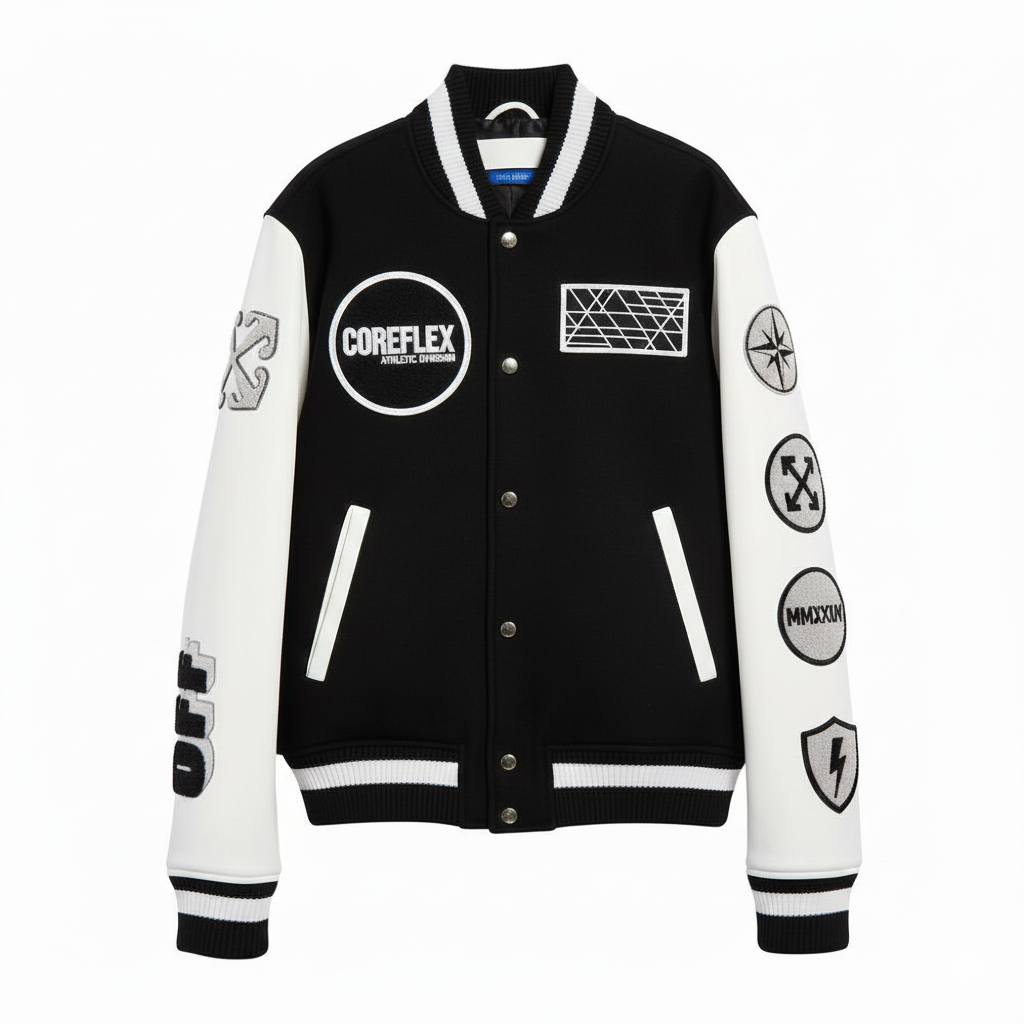 Black and white varsity jacket with various logos on a white background