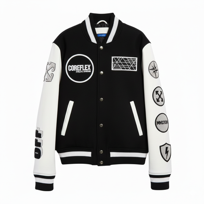 Black and white varsity jacket with various logos on a white background
