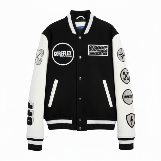 Black and white varsity jacket with various logos on a white background