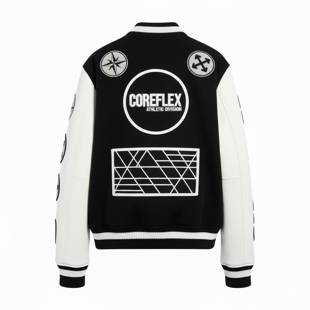 Black and white varsity jacket with 'COREFLEX ATHLETIC DIVISION' logo on a white background