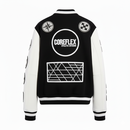 Black and white varsity jacket with 'COREFLEX ATHLETIC DIVISION' logo on a white background