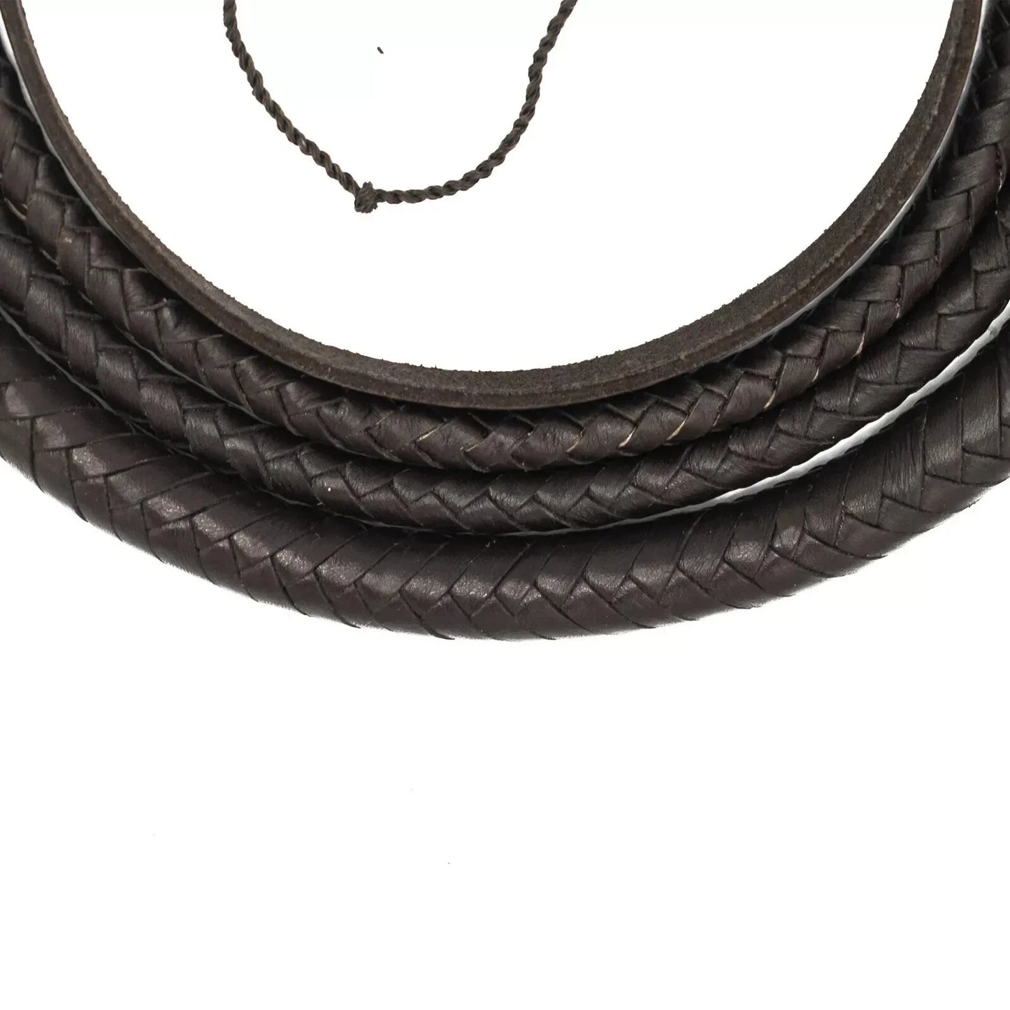 Braided brown leather cord on a white background