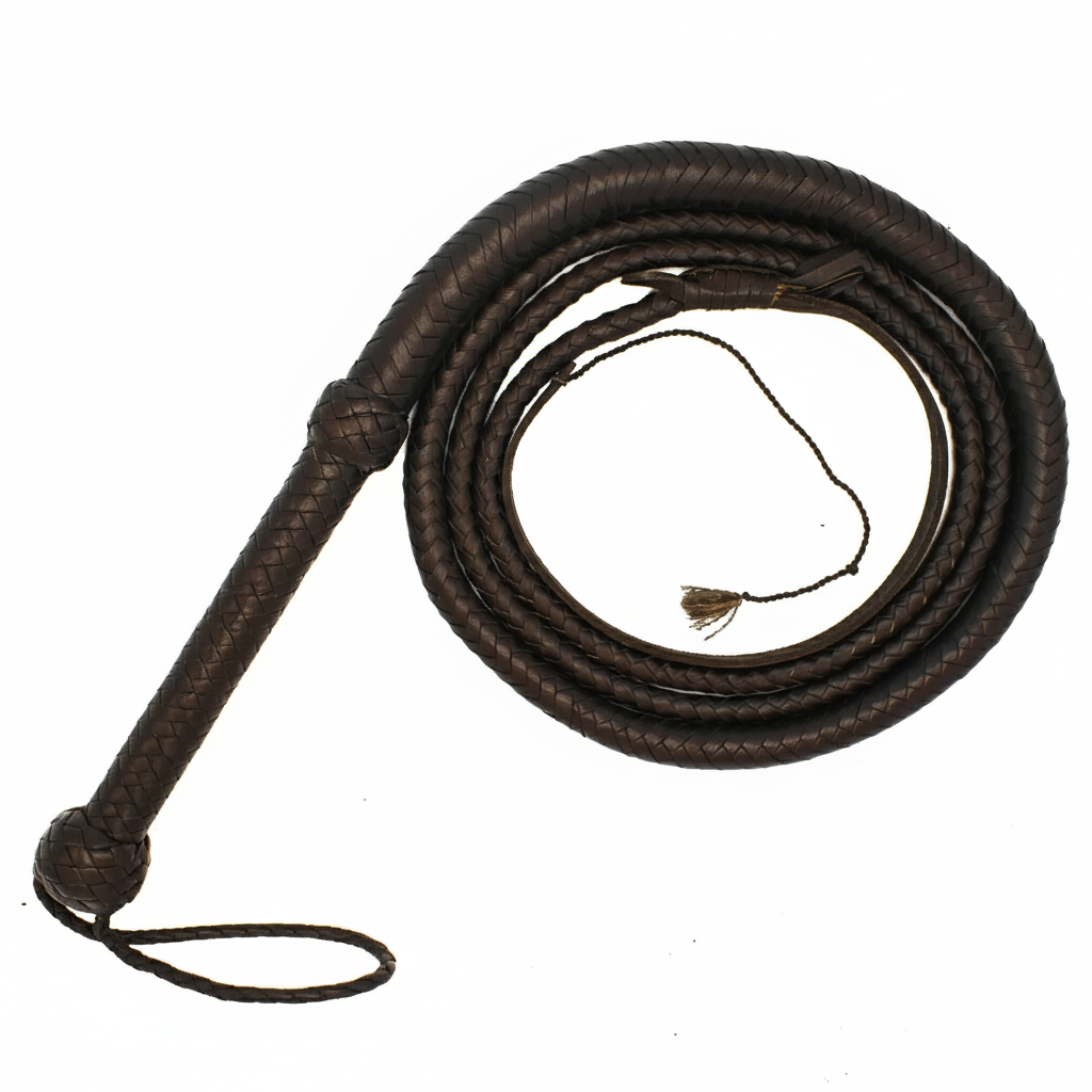 Brown leather whip on a white background