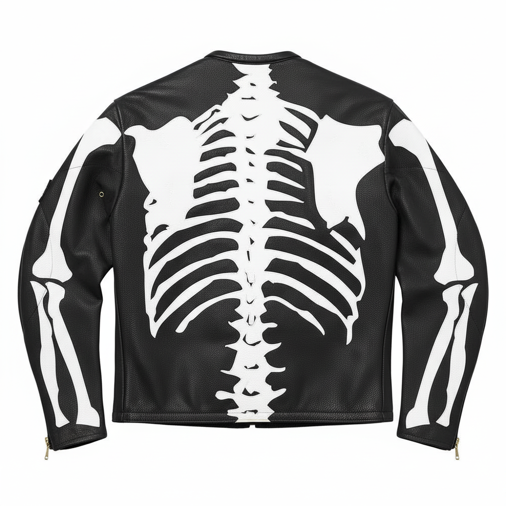Black jacket with white skeleton design on a white background