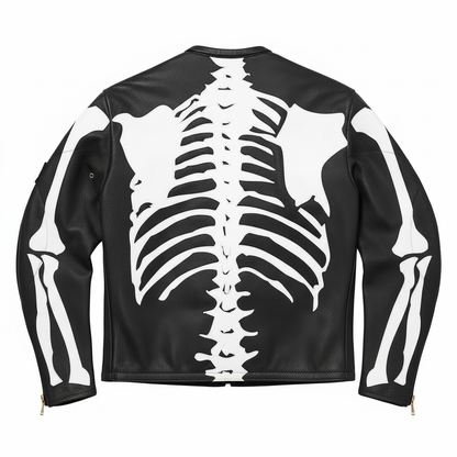 Black jacket with white skeleton design on a white background