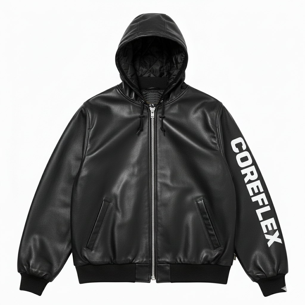 Black leather jacket with a hood and 'COREFLEX' branding on a white background
