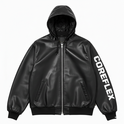 Black leather jacket with a hood and 'COREFLEX' branding on a white background