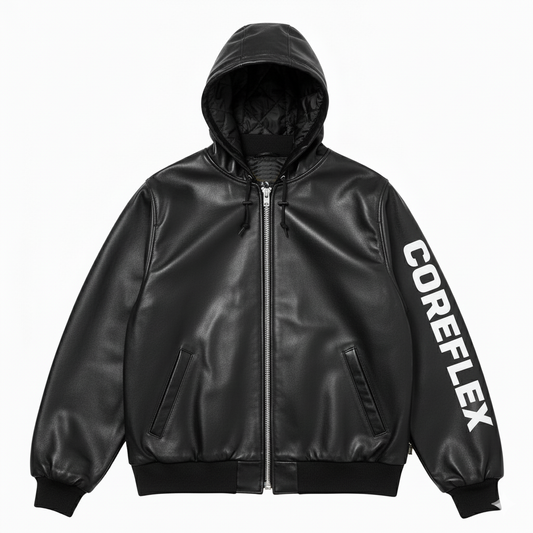 Black leather jacket with a hood and 'COREFLEX' branding on a white background