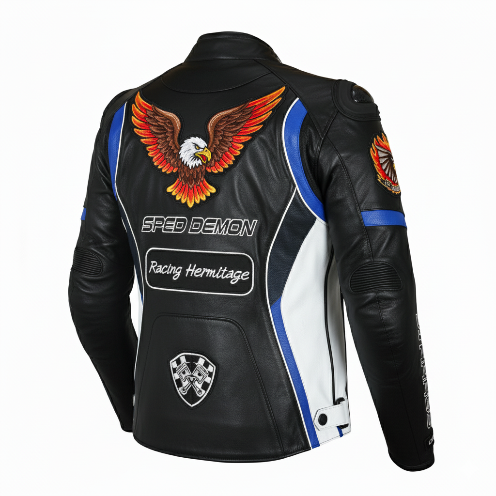 Black leather racing jacket with eagle design and branding on a white background