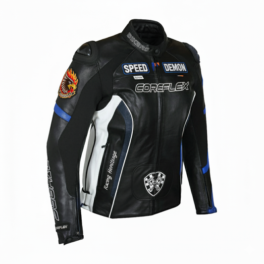 Black motorcycle jacket with branding and text on a white background