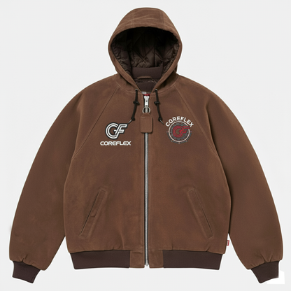 Brown hoodie with Coreflex logo on a light gray background