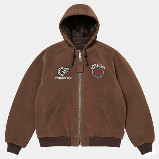 Brown hoodie with Coreflex logo on a light gray background