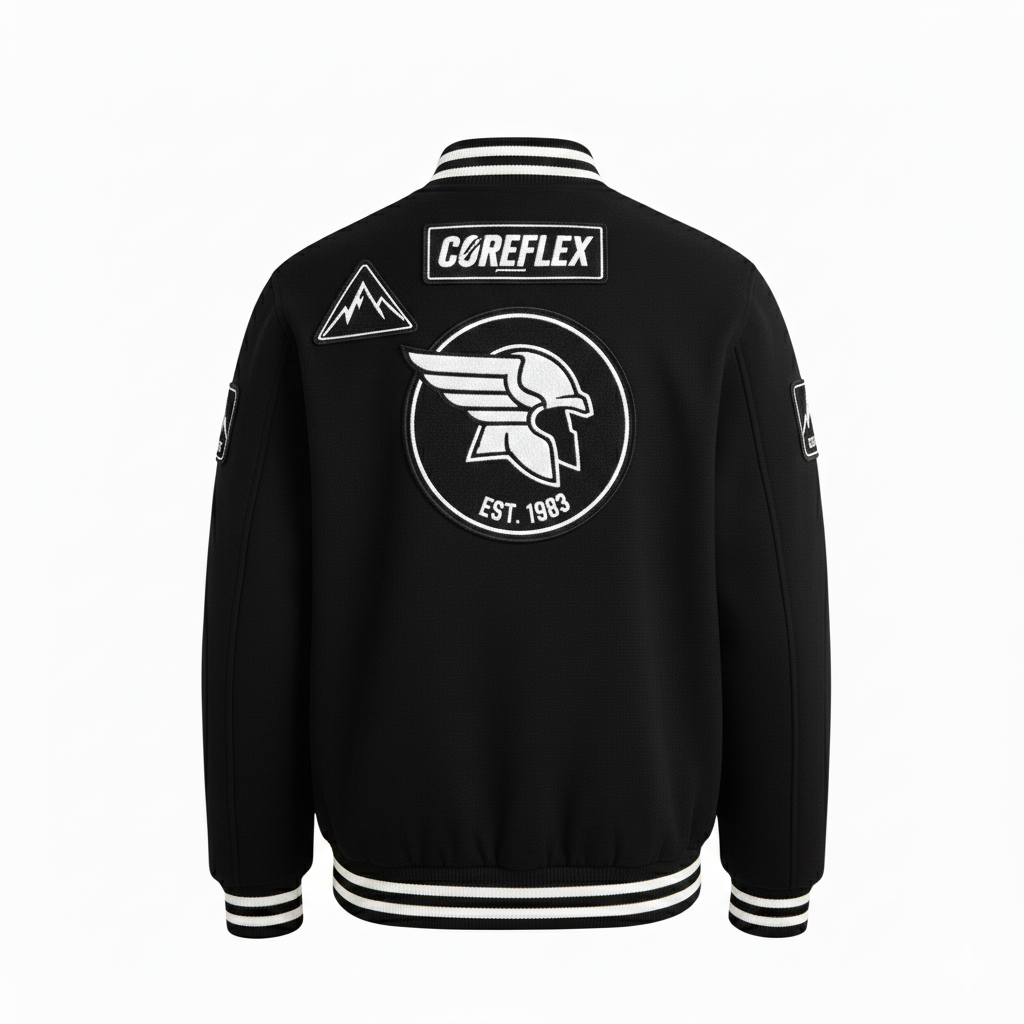 Black jacket with white logos and text on a white background