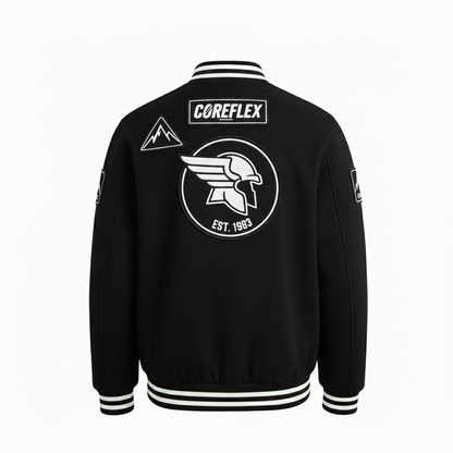 Black jacket with white logos and text on a white background