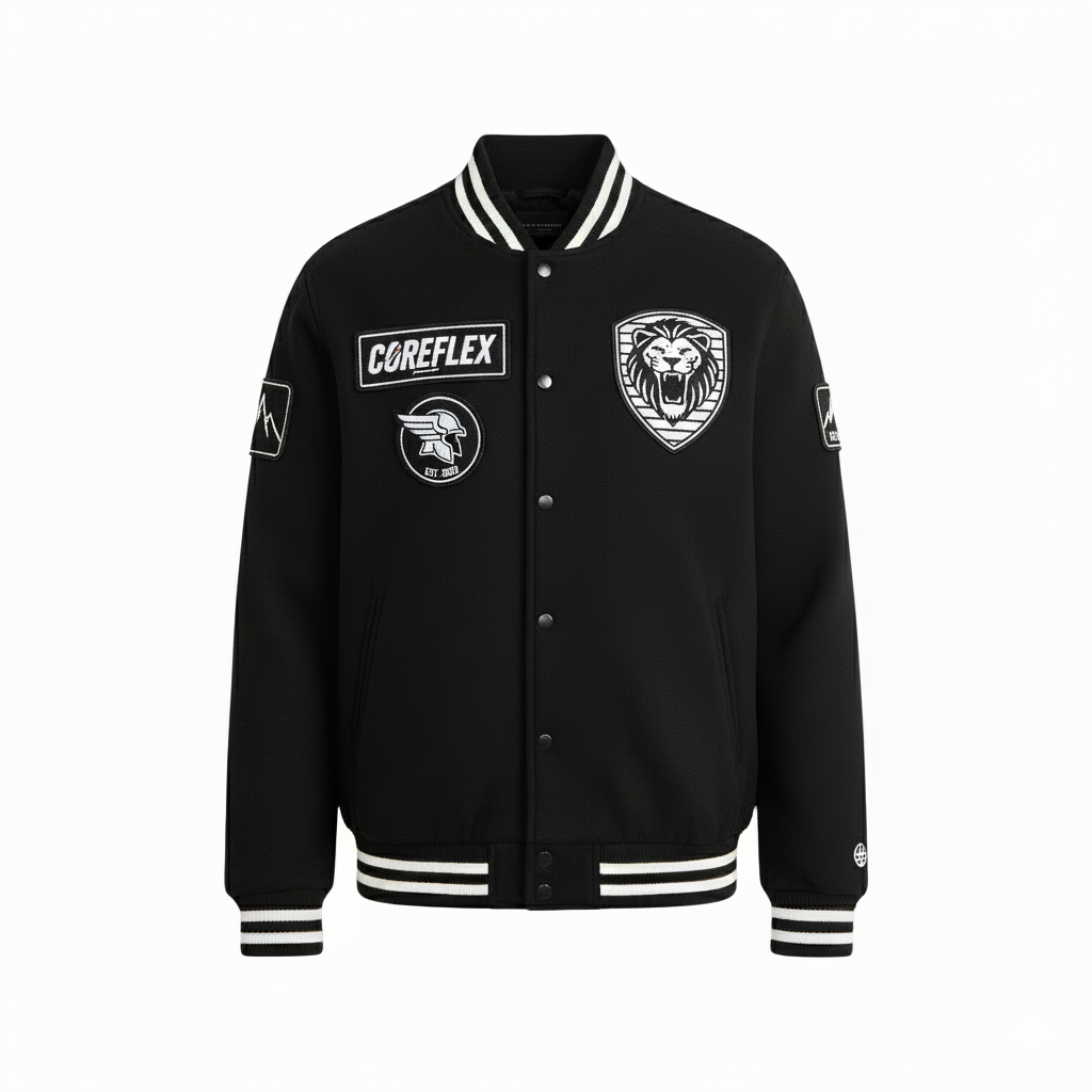 Black varsity jacket with logos and text on a white background