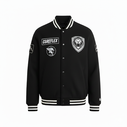 Black varsity jacket with logos and text on a white background