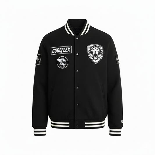 Black varsity jacket with logos and text on a white background