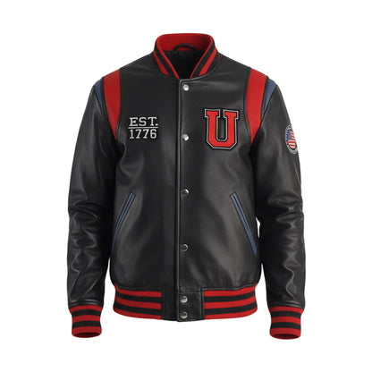 Black varsity jacket with red accents on a white background