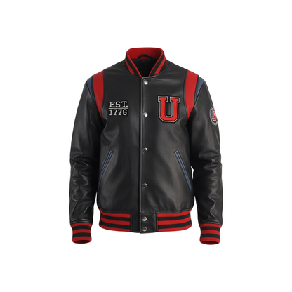 Black varsity jacket with red accents on a white background