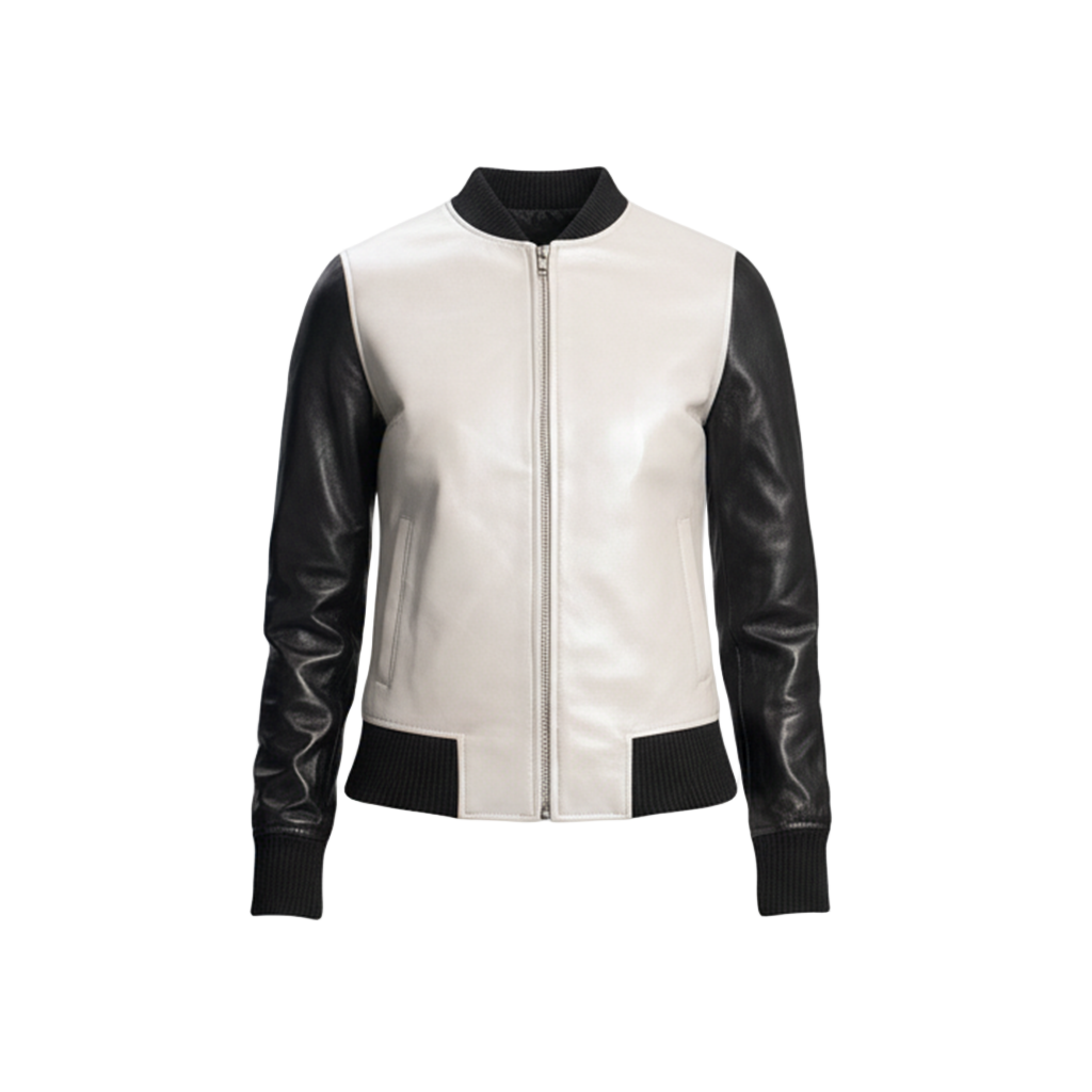 White jacket with black leather sleeves on a white background