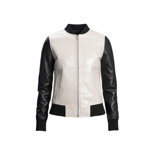 White jacket with black leather sleeves on a white background