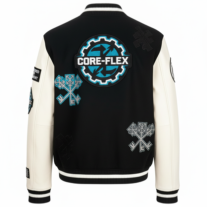 Black and white varsity jacket with 'Core-Flex' logo on a white background