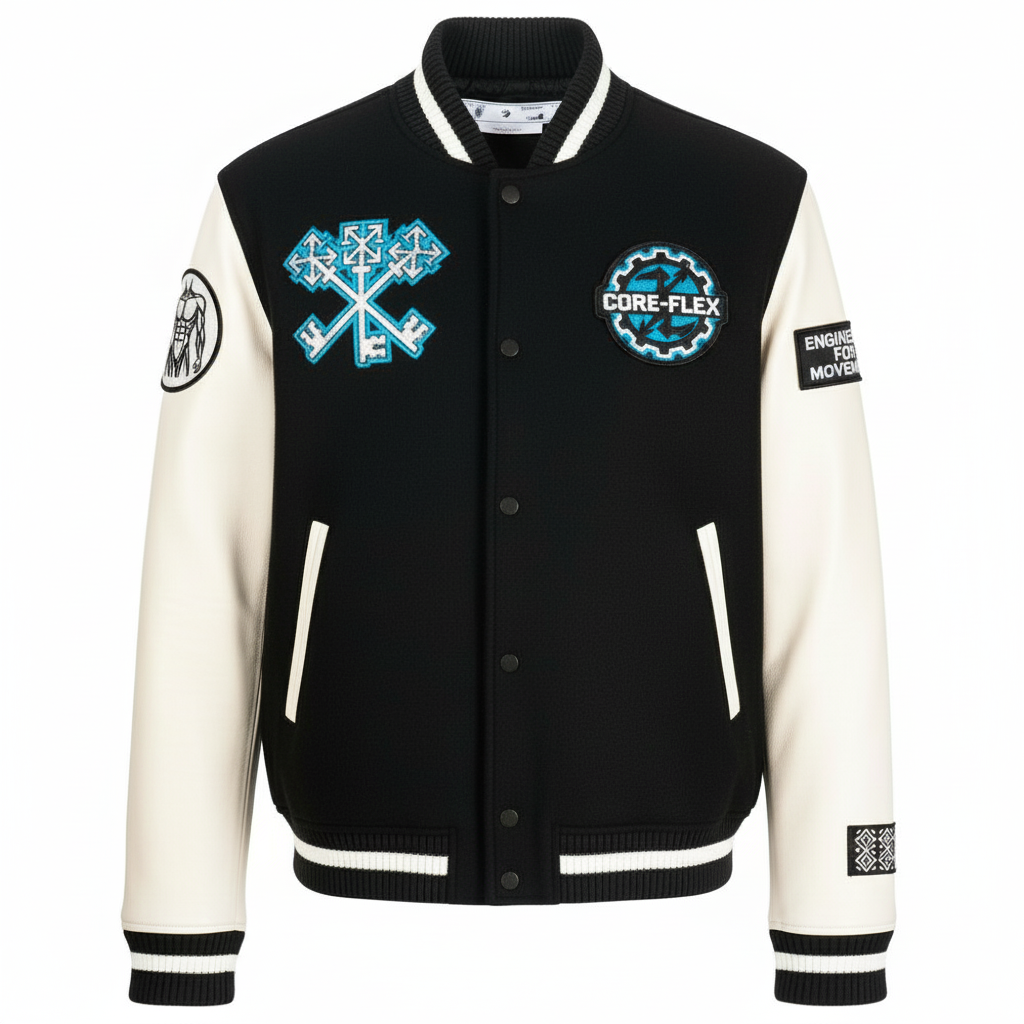 Black and white varsity jacket with logos on a white background