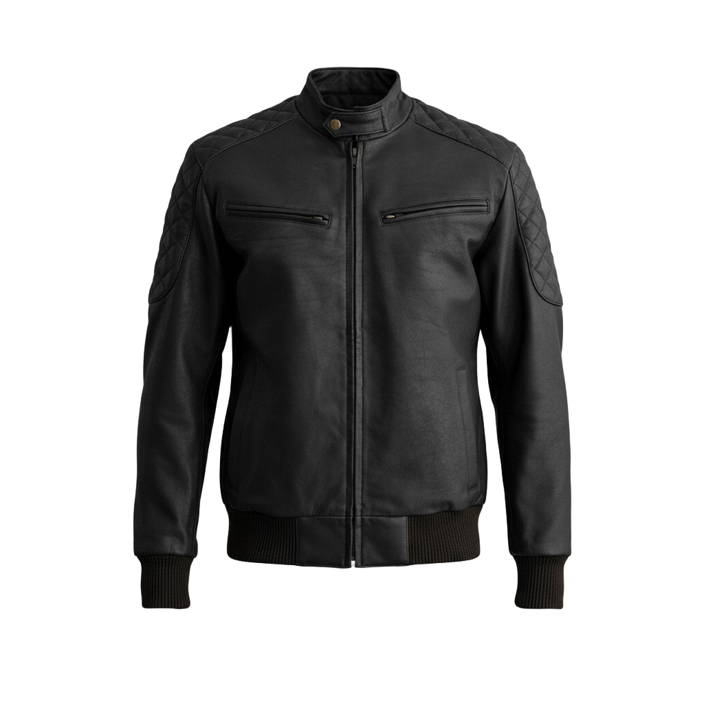 Black leather jacket on a light gray background