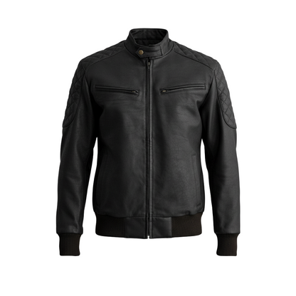 Black leather jacket on a light gray background