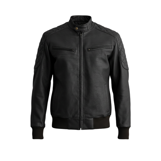 Black leather jacket on a light gray background
