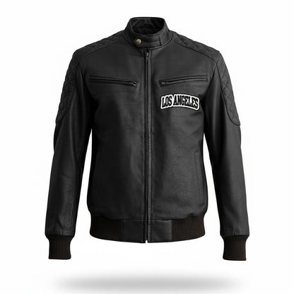 Black leather jacket with 'Los Angeles' text on a white background