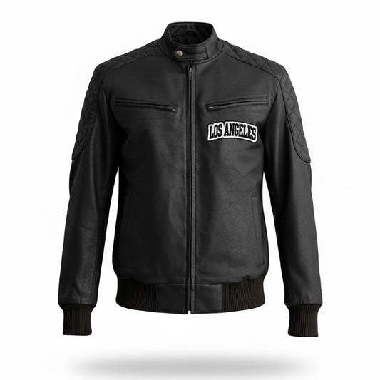 Black leather jacket with 'Los Angeles' text on a white background