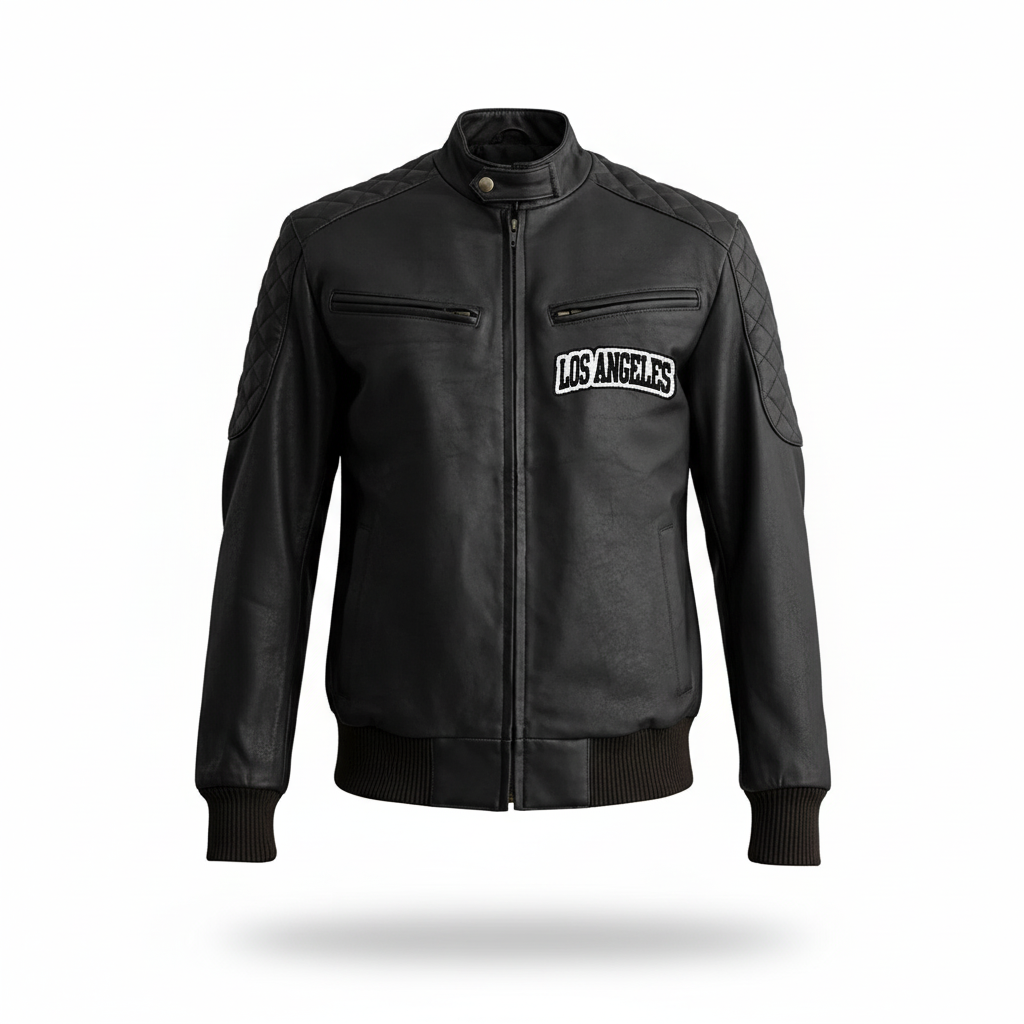 Black leather jacket with 'Los Angeles' text on a white background