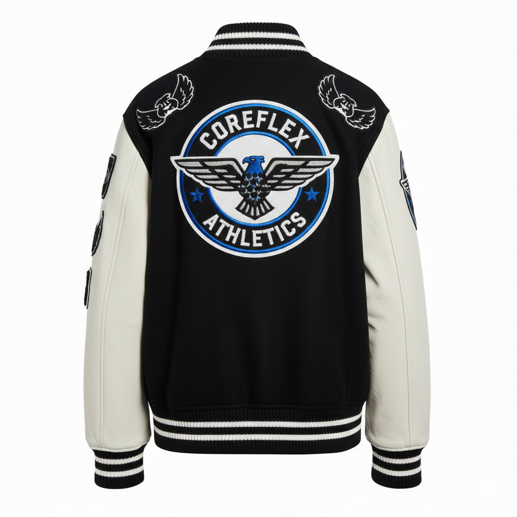 Black and white varsity jacket with Coreflex Athletics logo on the back