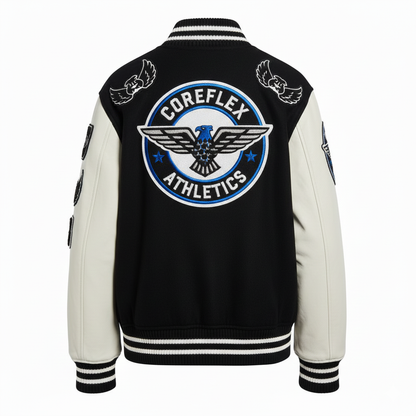 Black and white varsity jacket with Coreflex Athletics logo on the back