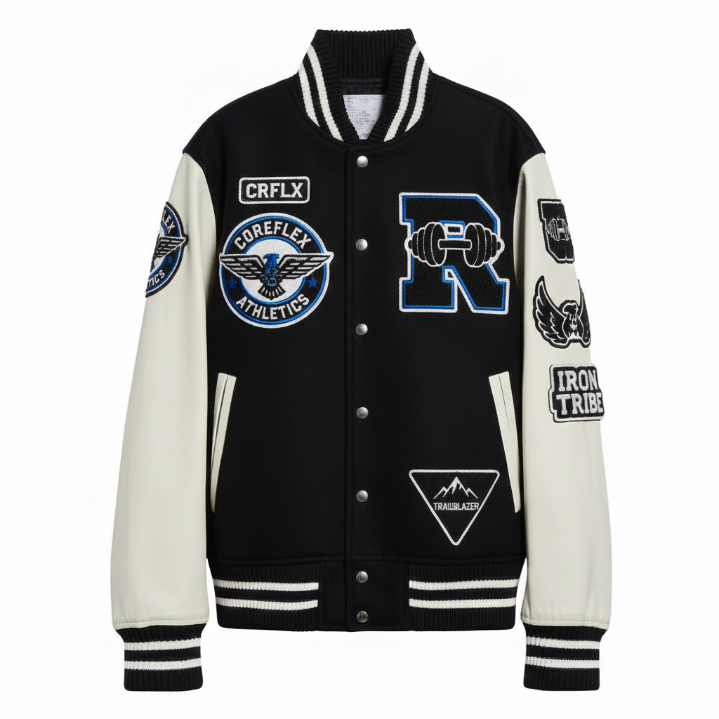 Black and white varsity jacket with multiple logos on a white background