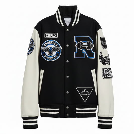 Black and white varsity jacket with multiple logos on a white background