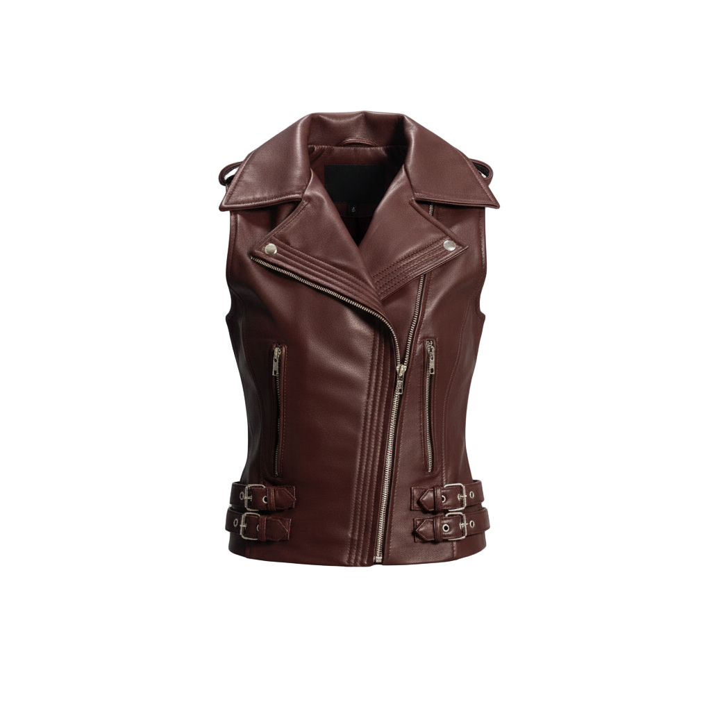 Brown leather vest on a light gray background